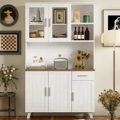 Buffet Haut Moderne avec 5 Portes, 1 Tiroir et 2 Compartiments Ouverts, Bahut Contemporain en Bois - 114x40x190 cm, Blanc et Bois