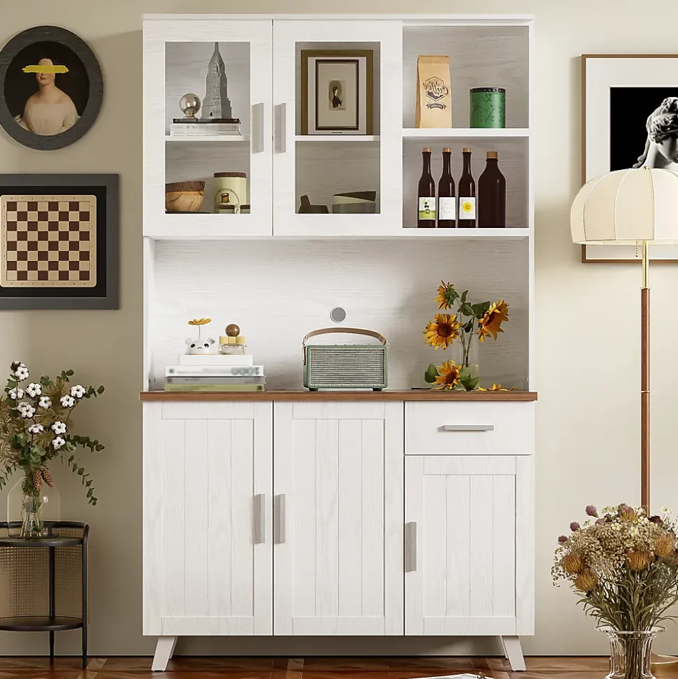 Buffet Haut Moderne avec 5 Portes, 1 Tiroir et 2 Compartiments Ouverts, Bahut Contemporain en Bois - 114x40x190 cm, Blanc et Bois