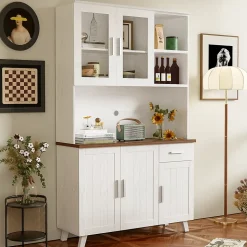 Buffet Haut Moderne avec 5 Portes, 1 Tiroir et 2 Compartiments Ouverts, Bahut Contemporain en Bois - 114x40x190 cm, Blanc et Bois