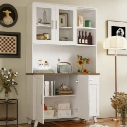 Buffet Haut Moderne avec 5 Portes, 1 Tiroir et 2 Compartiments Ouverts, Bahut Contemporain en Bois - 114x40x190 cm, Blanc et Bois