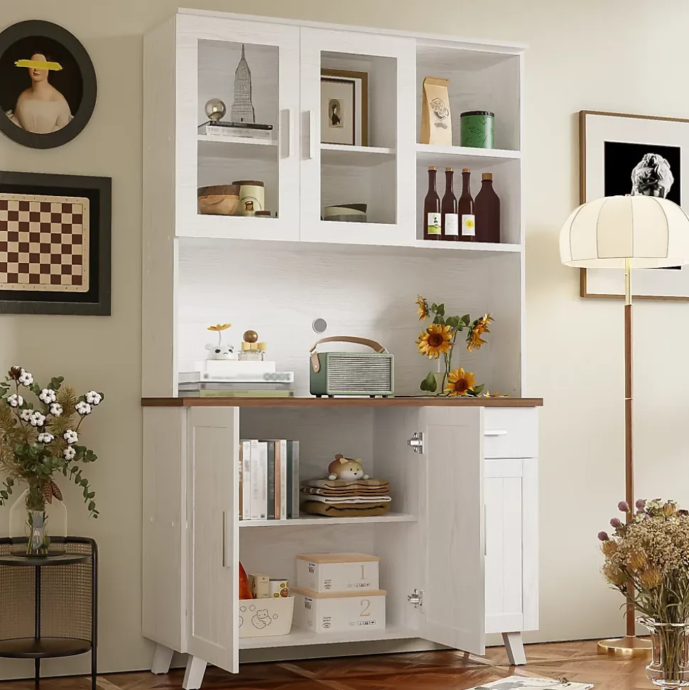 Buffet Haut Moderne avec 5 Portes, 1 Tiroir et 2 Compartiments Ouverts, Bahut Contemporain en Bois - 114x40x190 cm, Blanc et Bois