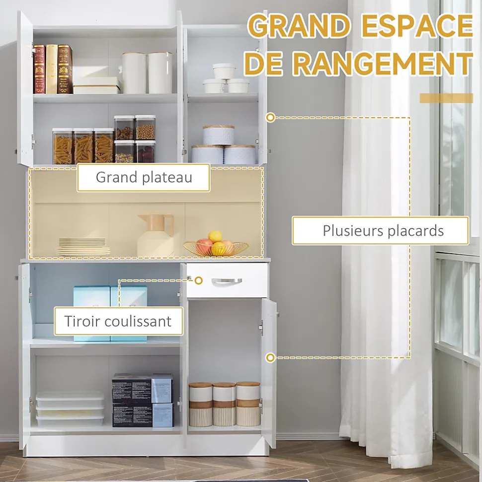 Buffet haut multi-rangement - 6 portes, tiroir, grand plateau - dim. 101L x 39l x 180H cm - panneaux particules blanc gris