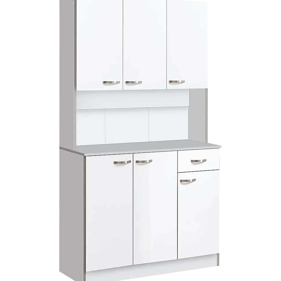 Buffet haut multi-rangement - 6 portes, tiroir, grand plateau - dim. 101L x 39l x 180H cm - panneaux particules blanc gris