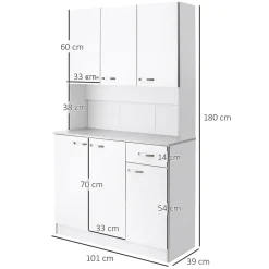 Buffet haut multi-rangement - 6 portes, tiroir, grand plateau - dim. 101L x 39l x 180H cm - panneaux particules blanc gris