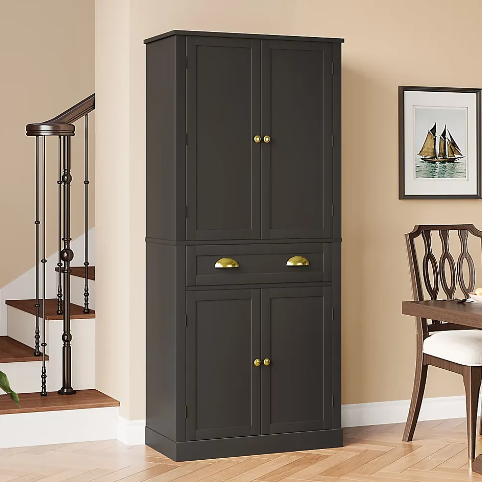 Buffet Haut Noir avec 4 Portes, 1 Tiroir et 6 Compartiments, 4 Étagères Réglables, MDF, 80x40x182 cm, Noir