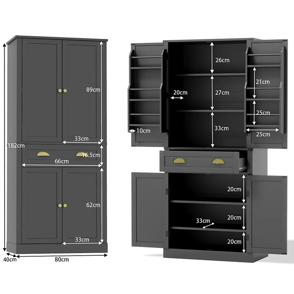 Buffet Haut Noir avec 4 Portes, 1 Tiroir et 6 Compartiments, 4 Étagères Réglables, MDF, 80x40x182 cm, Noir