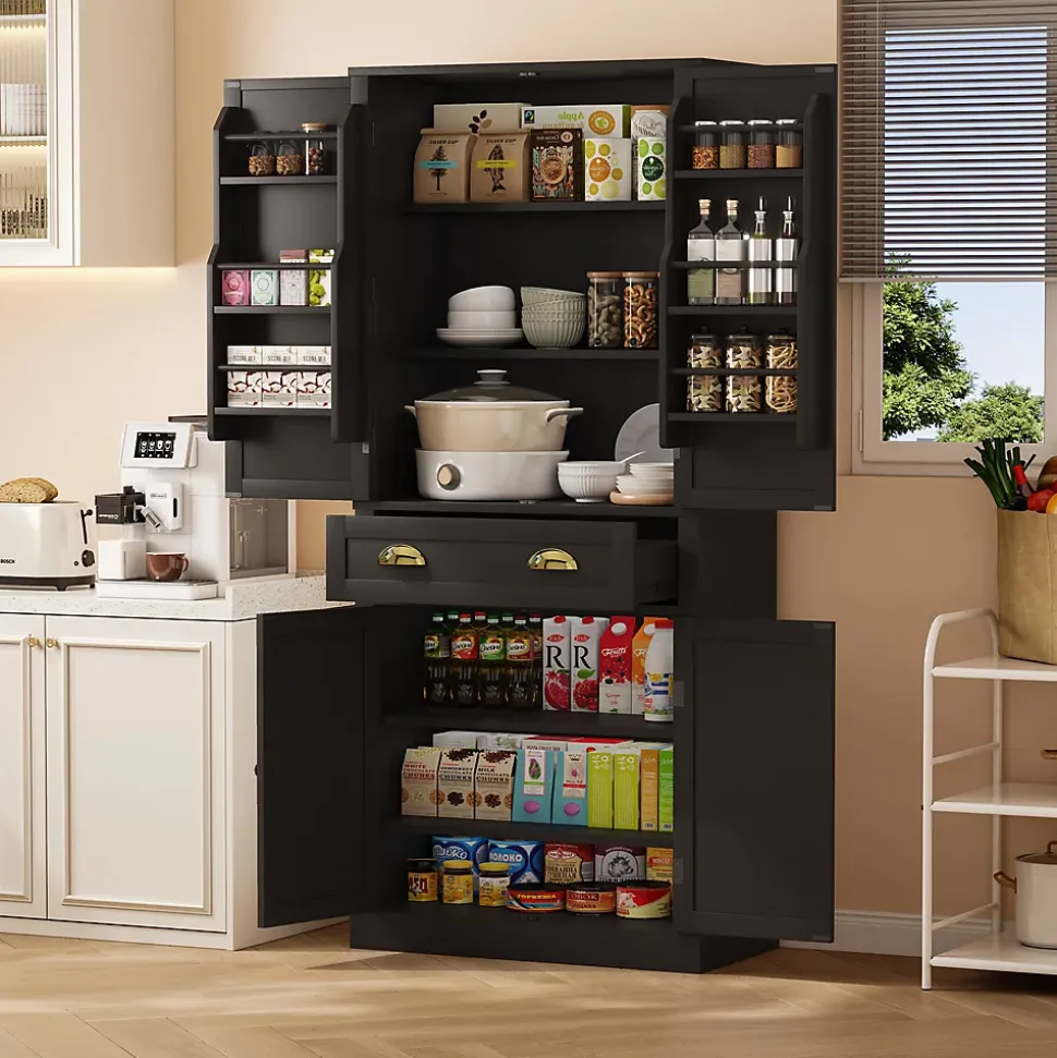 Buffet Haut Noir avec 4 Portes, 1 Tiroir et 6 Compartiments, 4 Étagères Réglables, MDF, 80x40x182 cm, Noir