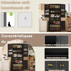Buffet Haut Noir avec 4 Portes, 1 Tiroir et 6 Compartiments, 4 Étagères Réglables, MDF, 80x40x182 cm, Noir