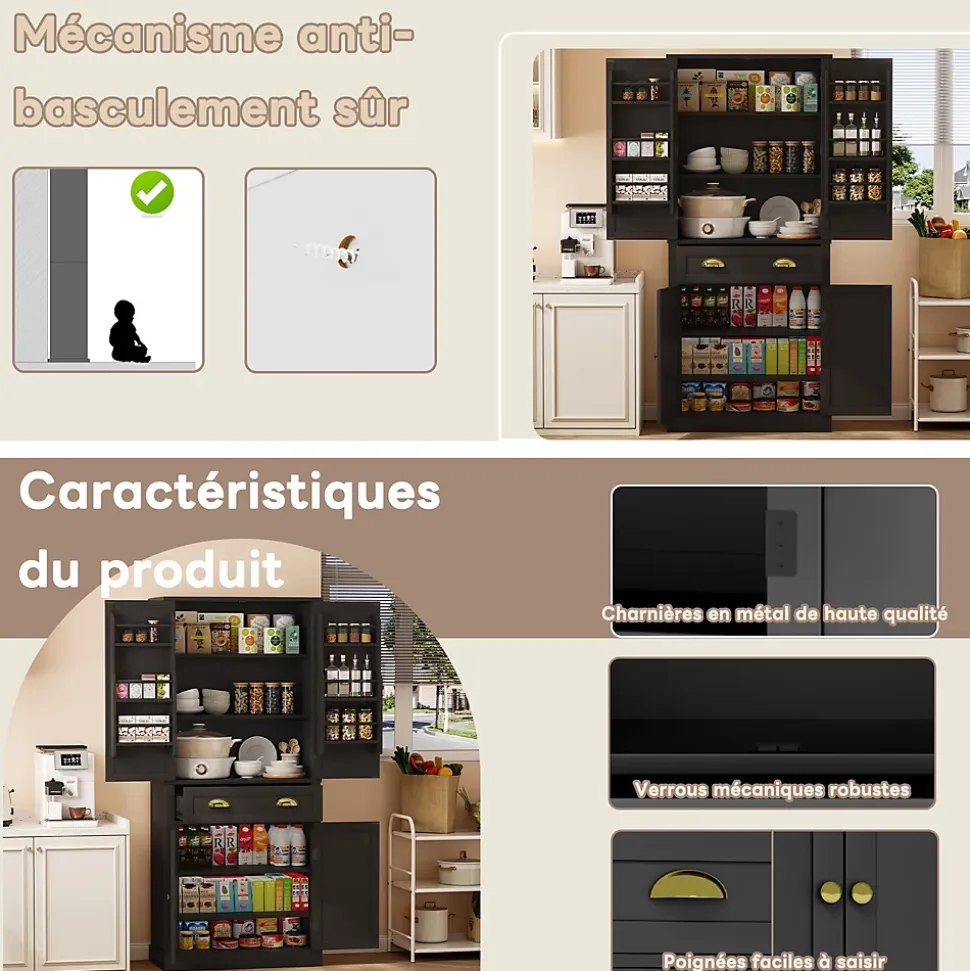 Buffet Haut Noir avec 4 Portes, 1 Tiroir et 6 Compartiments, 4 Étagères Réglables, MDF, 80x40x182 cm, Noir
