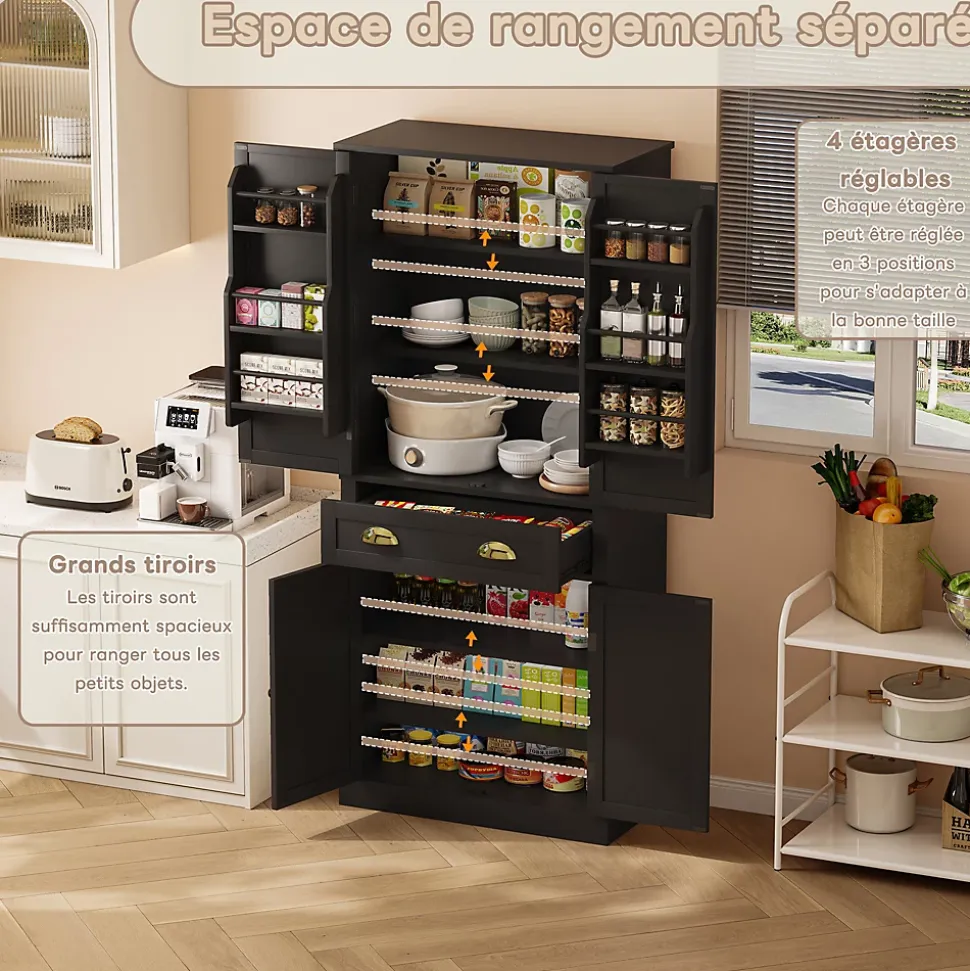 Buffet Haut Noir avec 4 Portes, 1 Tiroir et 6 Compartiments, 4 Étagères Réglables, MDF, 80x40x182 cm, Noir