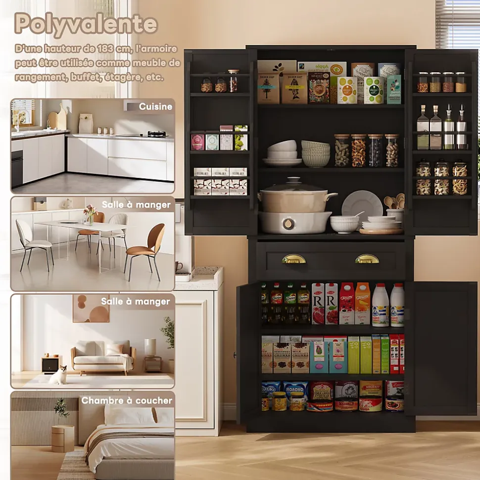 Buffet Haut Noir avec 4 Portes, 1 Tiroir et 6 Compartiments, 4 Étagères Réglables, MDF, 80x40x182 cm, Noir
