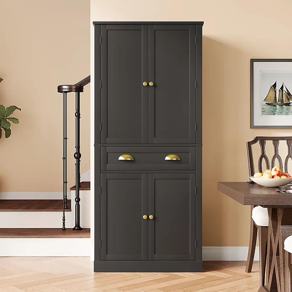 Buffet Haut Noir avec 4 Portes, 1 Tiroir et 6 Compartiments, 4 Étagères Réglables, MDF, 80x40x182 cm, Noir
