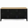 Buffet Industriel 3 Portes Métal Noir + Rangement + Plateau Bois 113 cm Salon Esthétique Factory Epuré