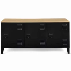 Buffet Industriel 3 Portes Métal Noir + Rangement + Plateau Bois 113 cm Salon Esthétique Factory Epuré