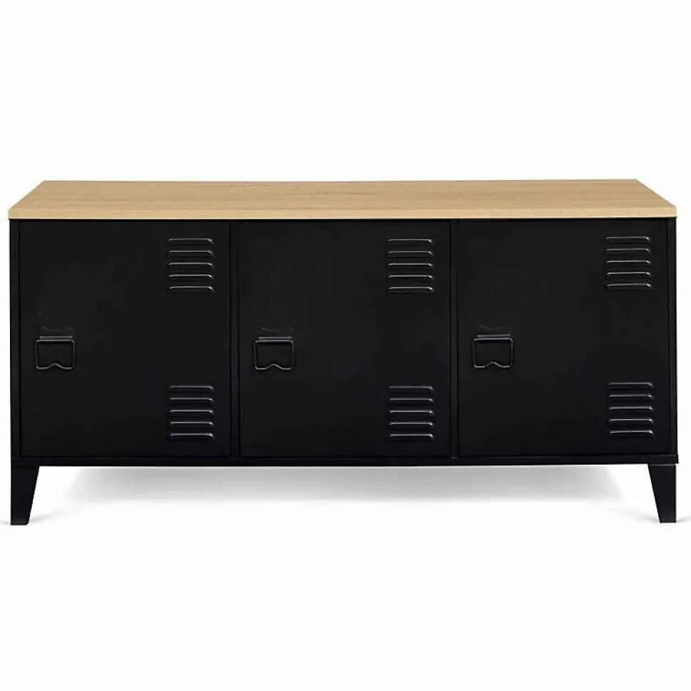 Buffet Industriel 3 Portes Métal Noir + Rangement + Plateau Bois 113 cm Salon Esthétique Factory Epuré
