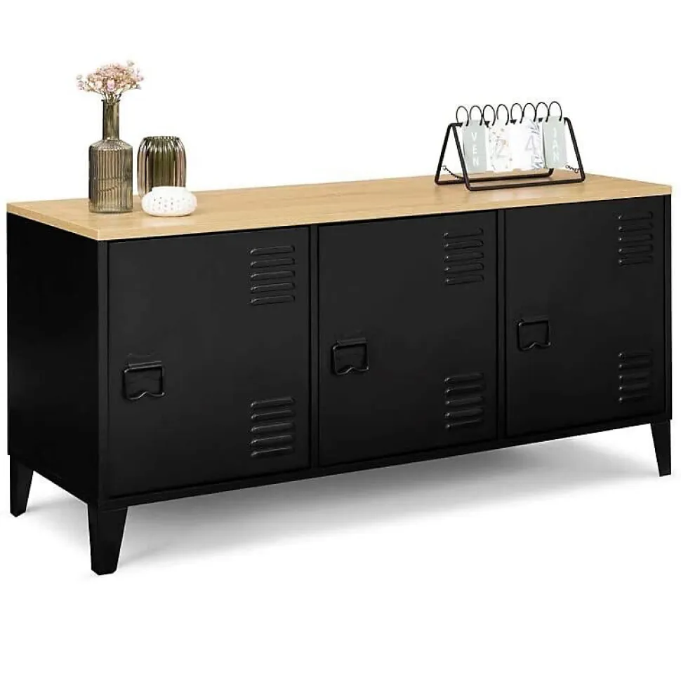 Buffet Industriel 3 Portes Métal Noir + Rangement + Plateau Bois 113 cm Salon Esthétique Factory Epuré