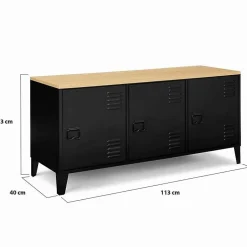 Buffet Industriel 3 Portes Métal Noir + Rangement + Plateau Bois 113 cm Salon Esthétique Factory Epuré
