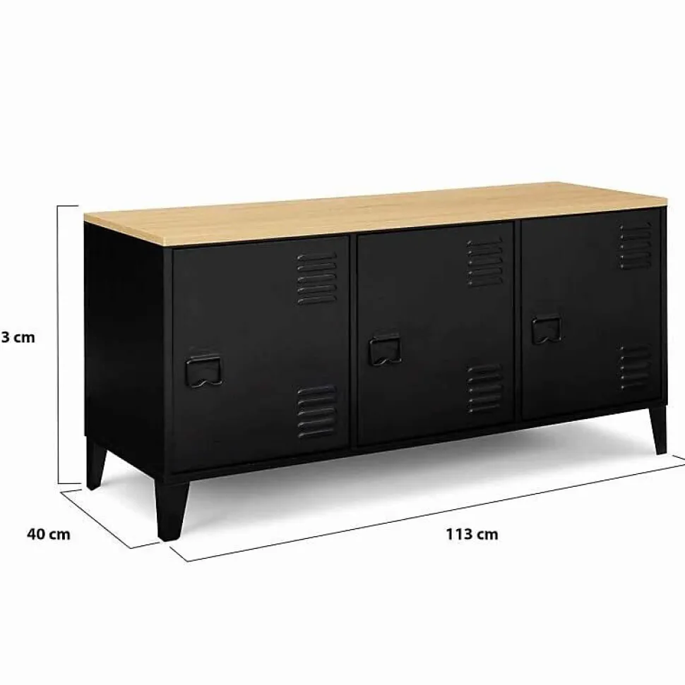Buffet Industriel 3 Portes Métal Noir + Rangement + Plateau Bois 113 cm Salon Esthétique Factory Epuré