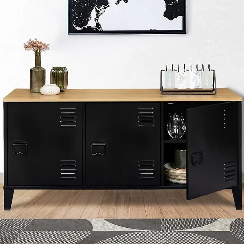 Buffet Industriel 3 Portes Métal Noir + Rangement + Plateau Bois 113 cm Salon Esthétique Factory Epuré