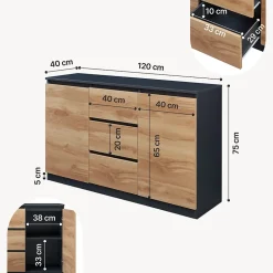 Buffet Kyr 120 x 40 x 75 cm chêne rustique / noir en.casa