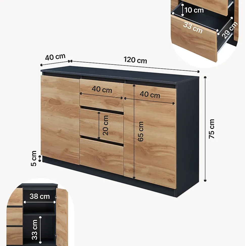 Buffet Kyr 120 x 40 x 75 cm chêne rustique / noir en.casa