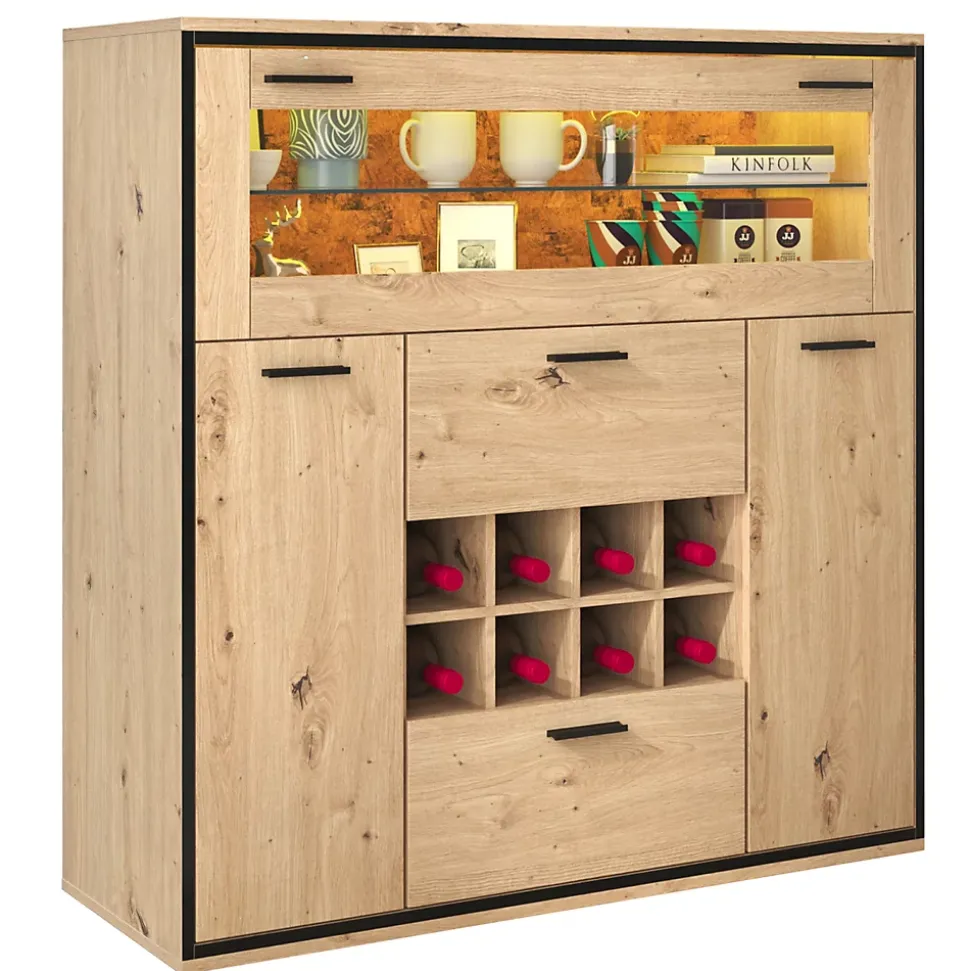 Buffet Élégant Avec Portes Doubles, Étagères En Verre Et Casier à Vin - Rangement Parfait, Bois