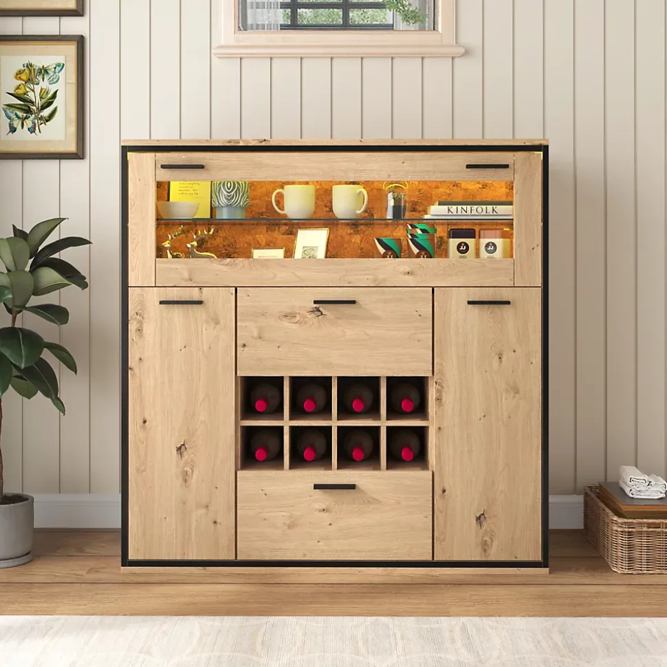 Buffet Élégant Avec Portes Doubles, Étagères En Verre Et Casier à Vin - Rangement Parfait, Bois