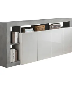 Buffet MAESTRO - Décor béton et blanc laqué brillant - 4 portes - L 184 x P 42 x H 93 cm