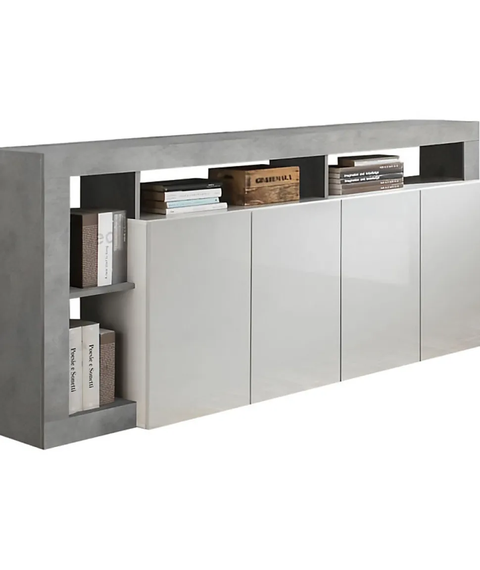 Buffet MAESTRO - Décor béton et blanc laqué brillant - 4 portes - L 184 x P 42 x H 93 cm