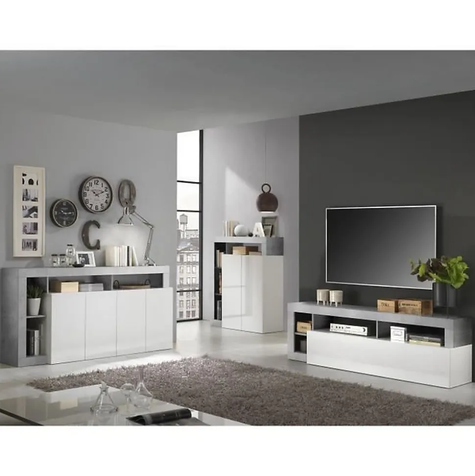 Buffet MAESTRO - Décor béton et blanc laqué brillant - 4 portes - L 184 x P 42 x H 93 cm