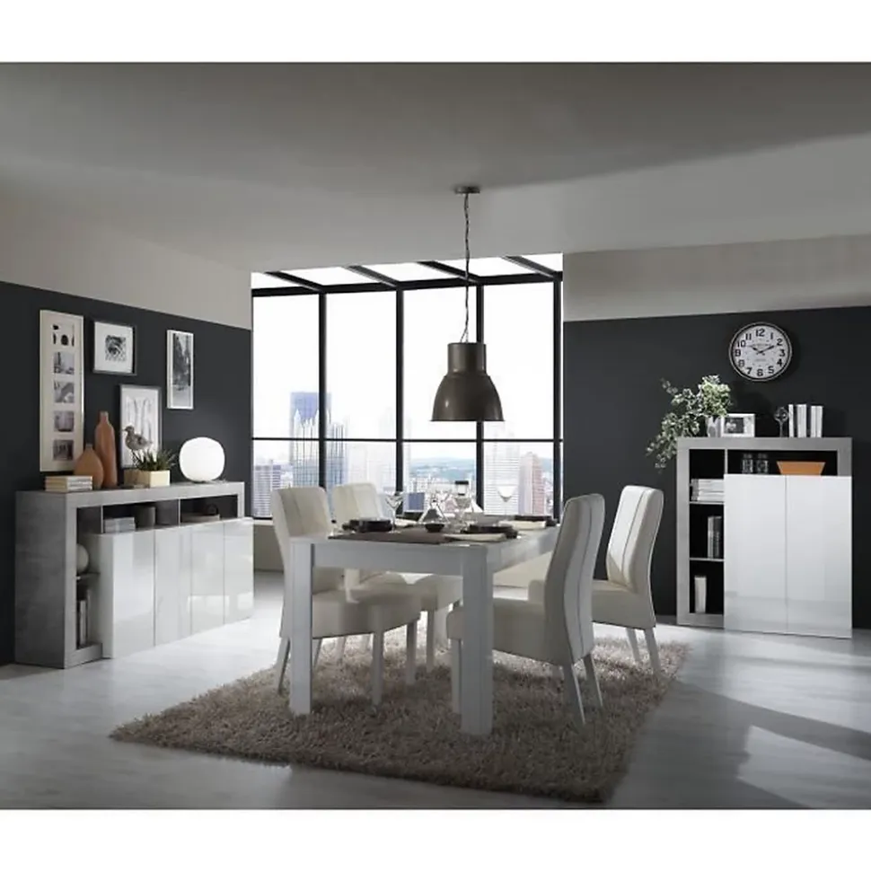 Buffet MAESTRO - Décor béton et blanc laqué brillant - 4 portes - L 184 x P 42 x H 93 cm