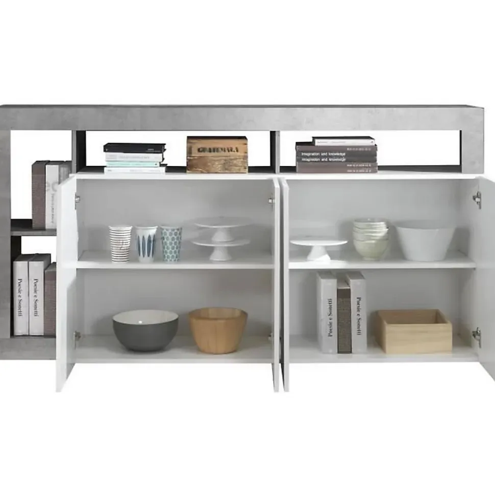 Buffet MAESTRO - Décor béton et blanc laqué brillant - 4 portes - L 184 x P 42 x H 93 cm