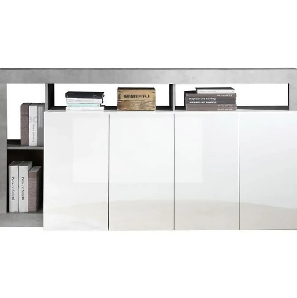 Buffet MAESTRO - Décor béton et blanc laqué brillant - 4 portes - L 184 x P 42 x H 93 cm