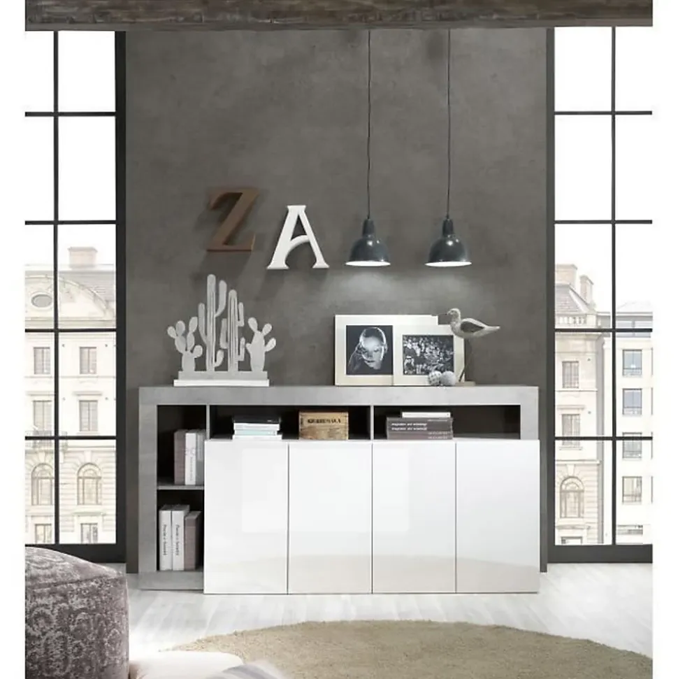 Buffet MAESTRO - Décor béton et blanc laqué brillant - 4 portes - L 184 x P 42 x H 93 cm