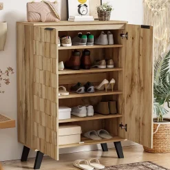 Buffet Meuble à Chaussures avec 5 Compartiments et Étagères Réglables - Pour entrée Salon - 80,5x35x109,5 cm - Naturel