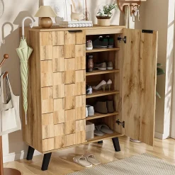 Buffet Meuble à Chaussures avec 5 Compartiments et Étagères Réglables - Pour entrée Salon - 80,5x35x109,5 cm - Naturel