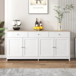 Buffet, Meuble de Rangement avec 3 Tiroirs et 4 Portes, design Moderne Scandinave, MDF, Blanc et Chêne Clair, 160x37x75 cm