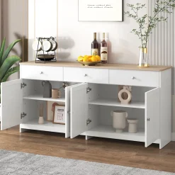 Buffet, Meuble de Rangement avec 3 Tiroirs et 4 Portes, design Moderne Scandinave, MDF, Blanc et Chêne Clair, 160x37x75 cm