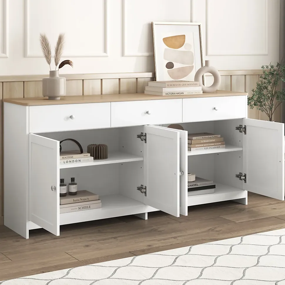 Buffet, Meuble de Rangement avec 3 Tiroirs et 4 Portes, design Moderne Scandinave, MDF, Blanc et Chêne Clair, 160x37x75 cm