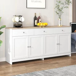 Buffet, Meuble de Rangement avec 3 Tiroirs et 4 Portes, design Moderne Scandinave, MDF, Blanc et Chêne Clair, 160x37x75 cm