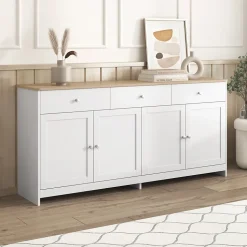 Buffet, Meuble de Rangement avec 3 Tiroirs et 4 Portes, design Moderne Scandinave, MDF, Blanc et Chêne Clair, 160x37x75 cm