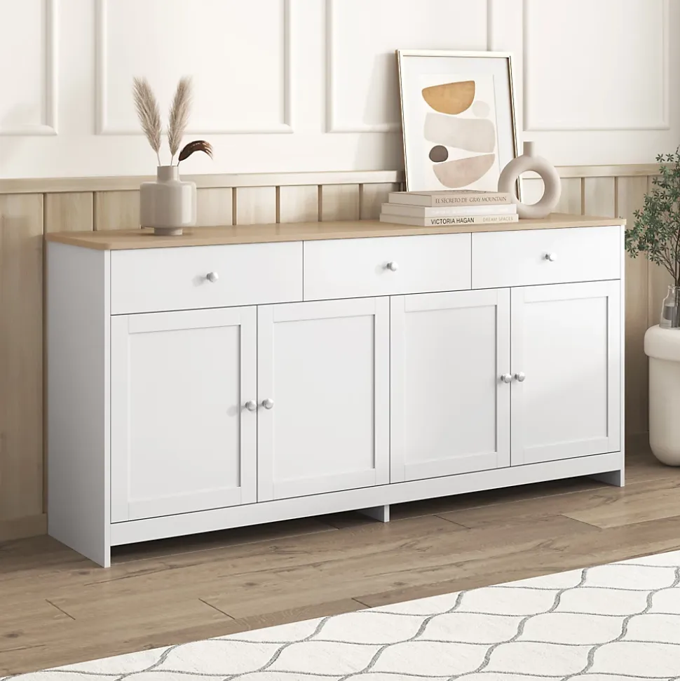 Buffet, Meuble de Rangement avec 3 Tiroirs et 4 Portes, design Moderne Scandinave, MDF, Blanc et Chêne Clair, 160x37x75 cm