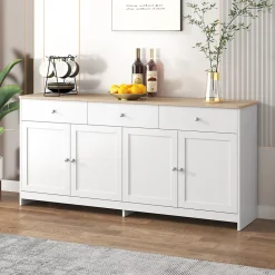 Buffet, Meuble de Rangement avec 3 Tiroirs et 4 Portes, design Moderne Scandinave, MDF, Blanc et Chêne Clair, 160x37x75 cm