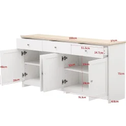 Buffet, Meuble de Rangement avec 3 Tiroirs et 4 Portes, design Moderne Scandinave, MDF, Blanc et Chêne Clair, 160x37x75 cm