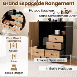 Buffet Meuble de Rangement,Style Moderne avec 4 Tiroir et Compartiment Ouvert,avec Pieds Métalliques Surélevé Robuste (Noir)