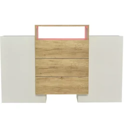 Buffet moderne 140 cm, commode en blanc brillant et bois, effets lumineux LED multicolores, solution de rangement élégante
