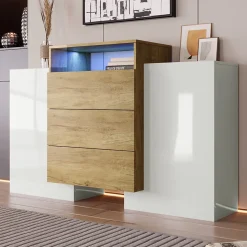 Buffet moderne 140 cm, commode en blanc brillant et bois, effets lumineux LED multicolores, solution de rangement élégante