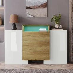 Buffet moderne 140 cm, commode en blanc brillant et bois, effets lumineux LED multicolores, solution de rangement élégante