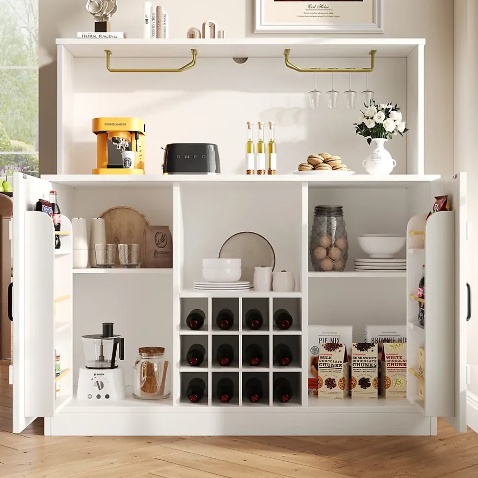 Buffet Moderne - Meuble Bar avec Porte-Verres et Étagères de Rangement - MDF + Métal - Blanc - 120x40x120 cm