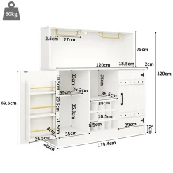 Buffet Moderne - Meuble Bar avec Porte-Verres et Étagères de Rangement - MDF + Métal - Blanc - 120x40x120 cm